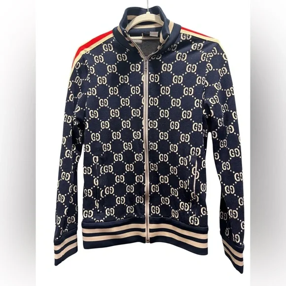 Gucci Navy GG Logo Zip-Up Hoodie - Picture 1 of 5